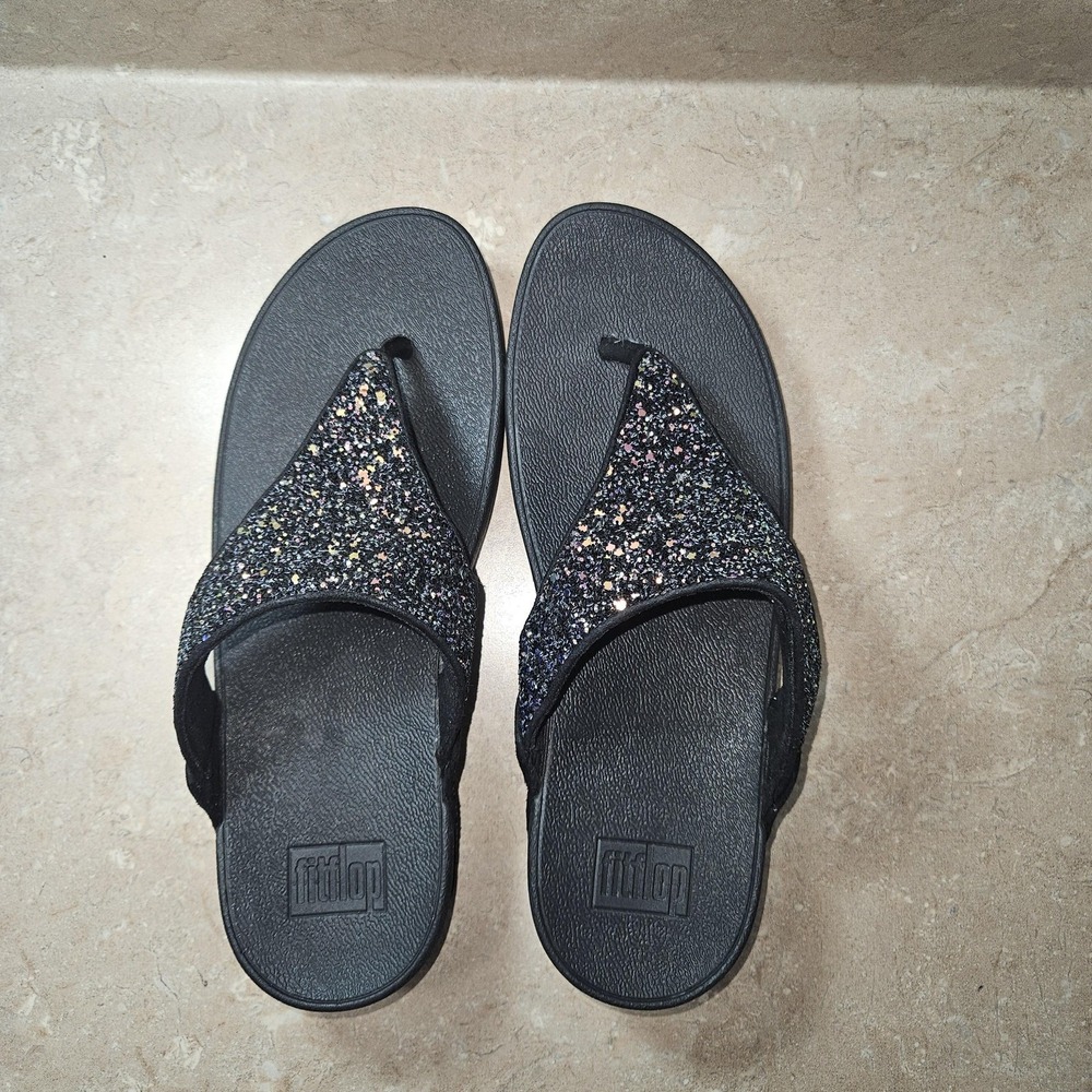 FitFlop Shoes‎ Women 10 Black Glitter Wedge Flip Flop Sandals X03-231 Comfort - Picture 5 of 8